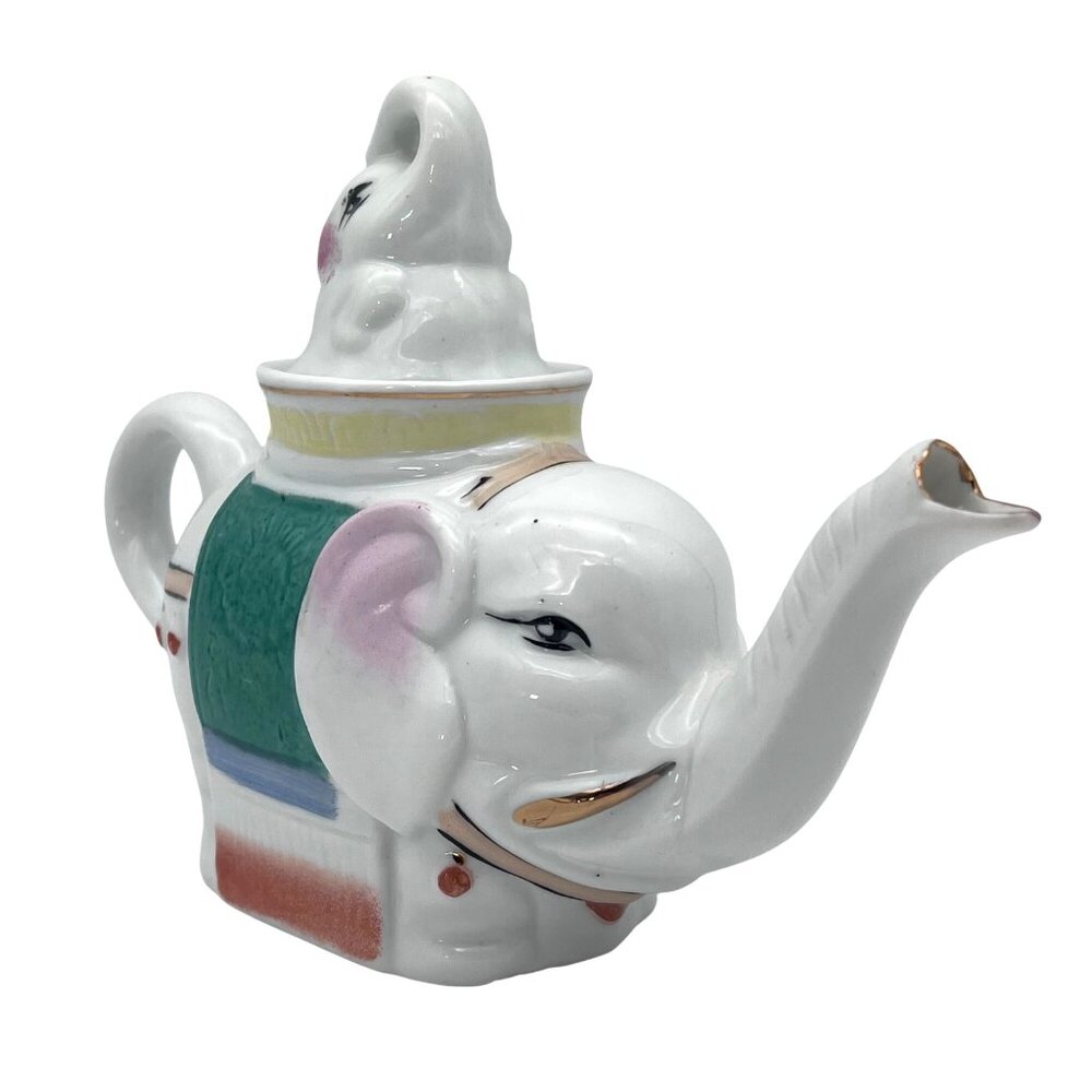 Vintage Elephant Porcelain Ceramic Teapot And Baby Elephant Calf Lid Gold Accent